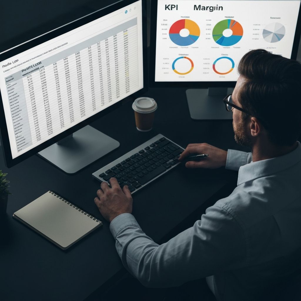 Finance professional analyzing profit margins on dual monitors