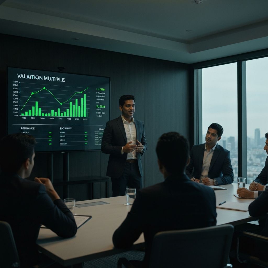 Entrepreneur presenting financial projections to investors in boardroom