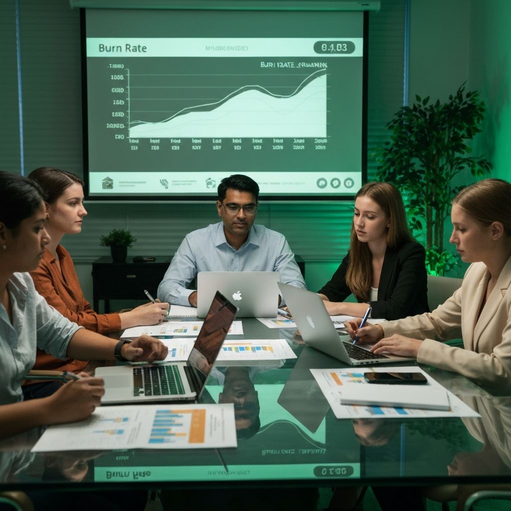 Startup team reviewing financial projections and runway forecasting on screen